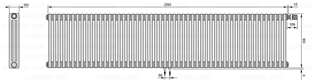 Схема (чертеж) Радиатор Zehnder Charleston 3090/52 №V008 Белый глянцевый RAL 9016